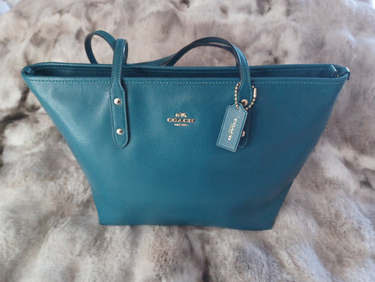 Coach Teal Leather Tote Bag – Designer Handbag for Women, Large Work & Everyday Purse