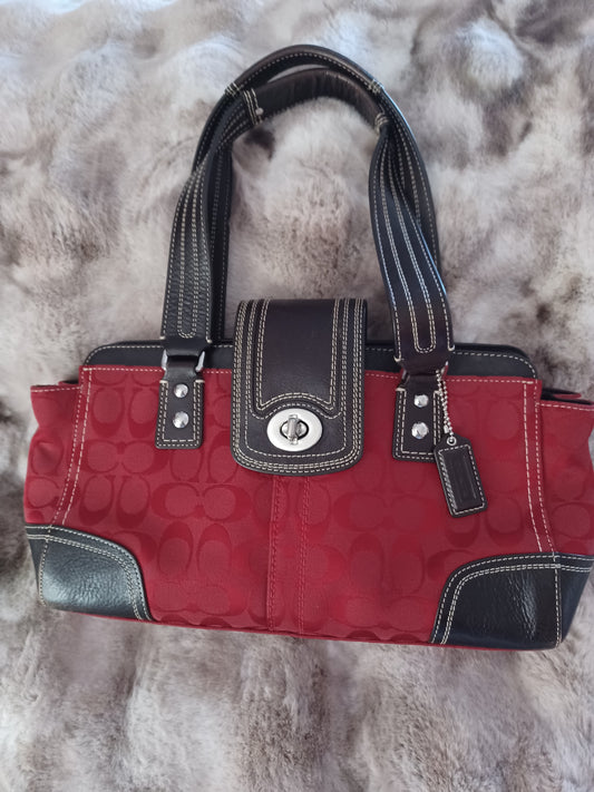 Coach Red Signature Canvas Handbag with Leather Trim – Designer Purse for Women