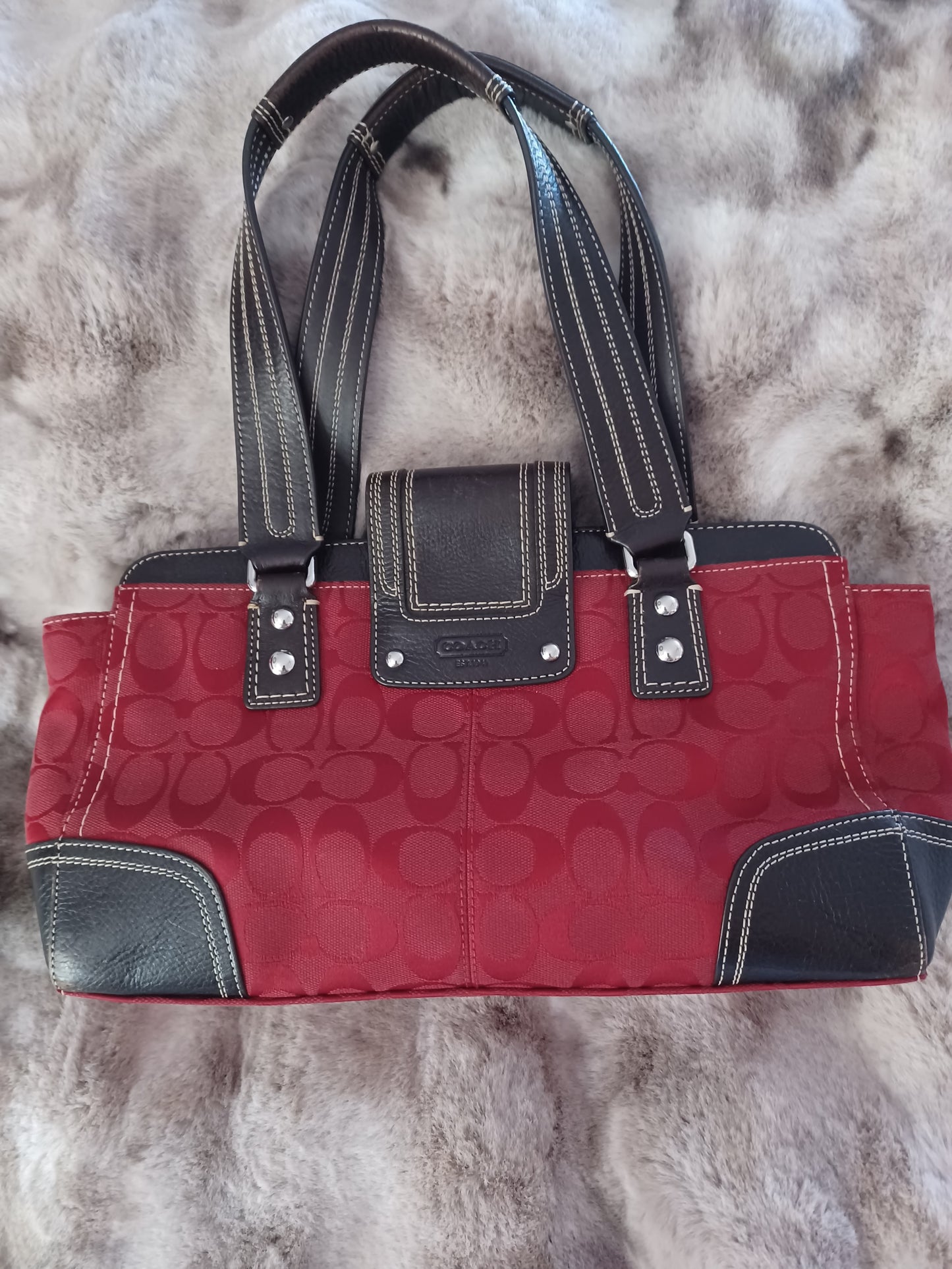 Coach Red Signature Canvas Handbag with Leather Trim – Designer Purse for Women