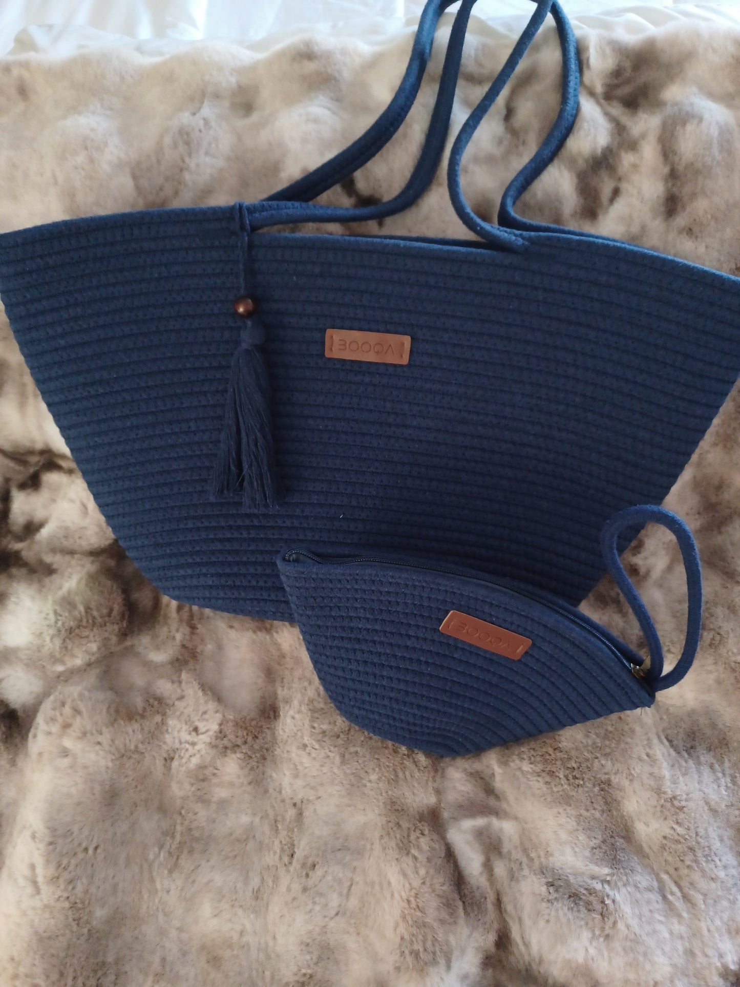BOOQA Navy Woven Tote Bag with Matching Wristlet – Casual Shoulder Bag for Women