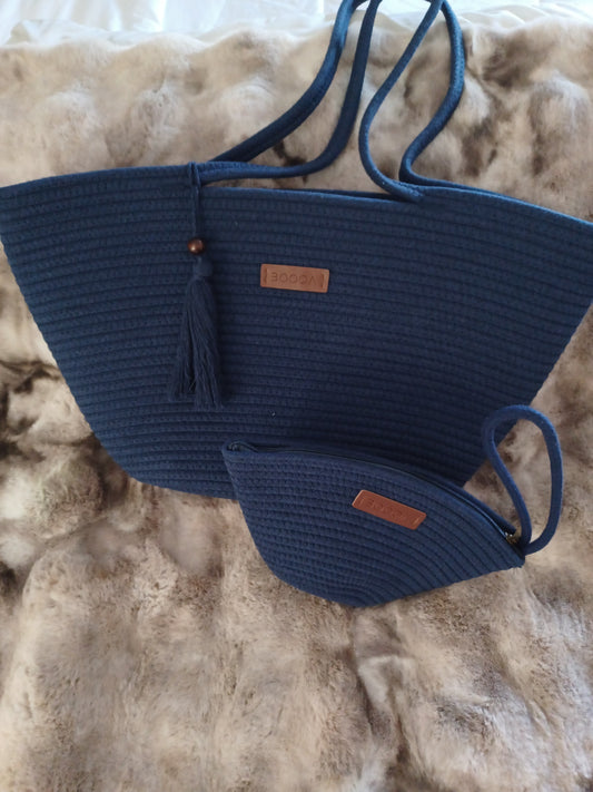 BOOQA Navy Woven Tote Bag with Matching Wristlet – Casual Shoulder Bag for Women