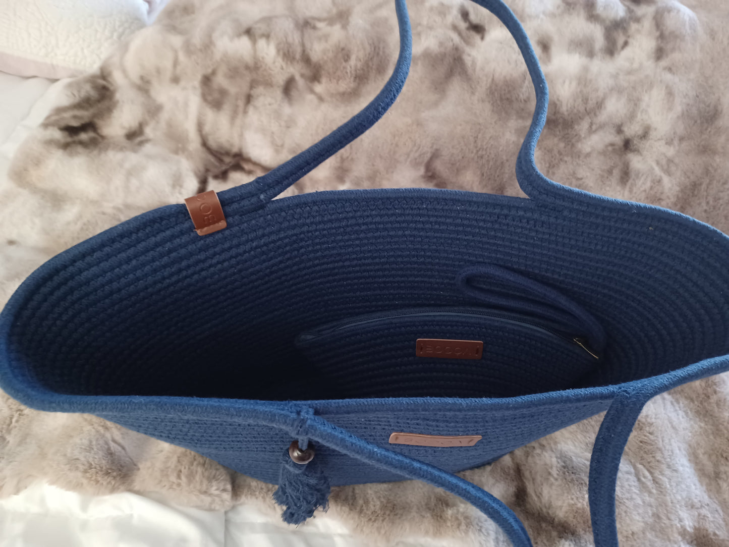 BOOQA Navy Woven Tote Bag with Matching Wristlet – Casual Shoulder Bag for Women